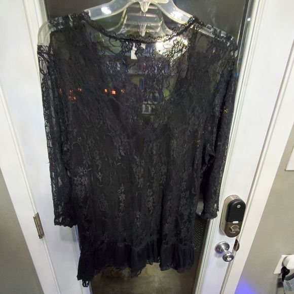 DressBarn Black crocheted lace ruffle kimono jacket plus Size 2X Coverup - Picture 2 of 9